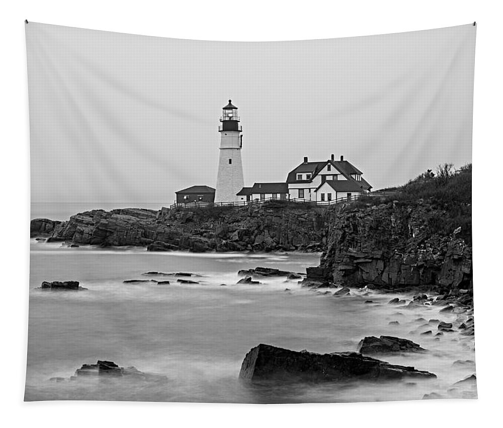 Vacationland Tapestry featuring the photograph Portland Head Lighthouse foggy morning Black and White by David Smith