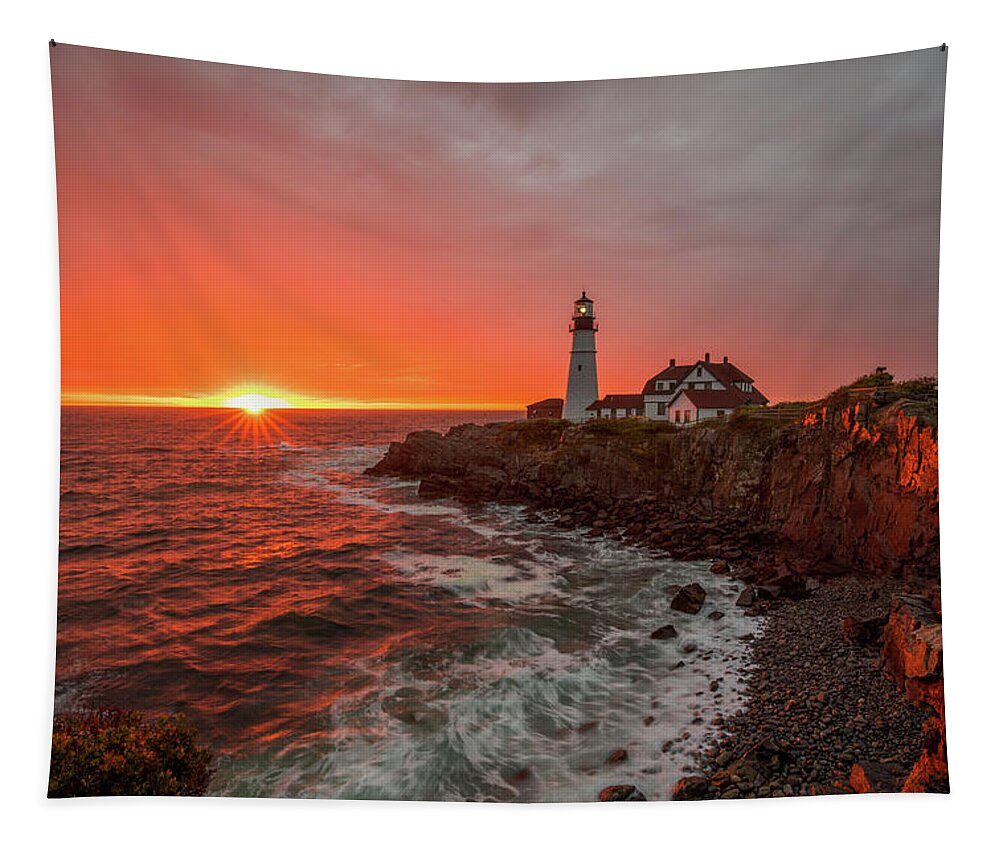Maine Tapestry featuring the photograph Portland Head Sunrise by Rob Davies