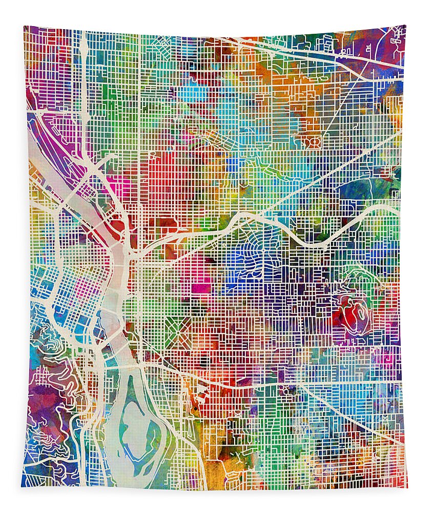 Portland Tapestry featuring the digital art Portland Oregon City Map by Michael Tompsett