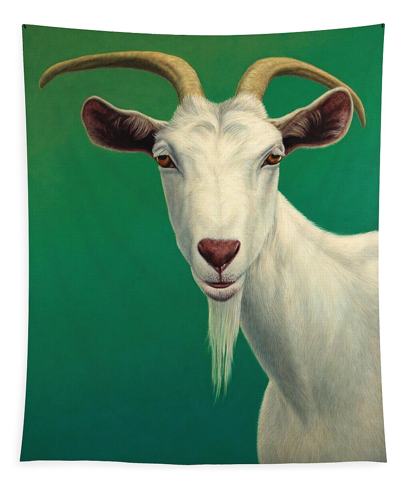 Goat Farm Animal Mammal Billy Goat White Green Animal Nature Wildlife James W Johnson Popular Famous Tapestry featuring the painting Portrait of a Goat by James W Johnson