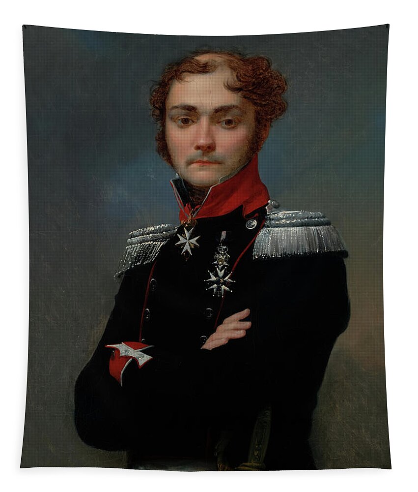 Art Tapestry featuring the painting Portrait of Charles-Louis Regnault, An Officer from the Napoleon by Mountain Dreams