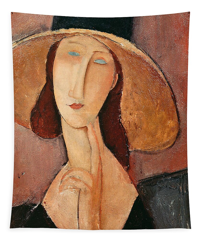 Portrait Tapestry featuring the painting Portrait of Jeanne Hebuterne in a large hat by Amedeo Modigliani