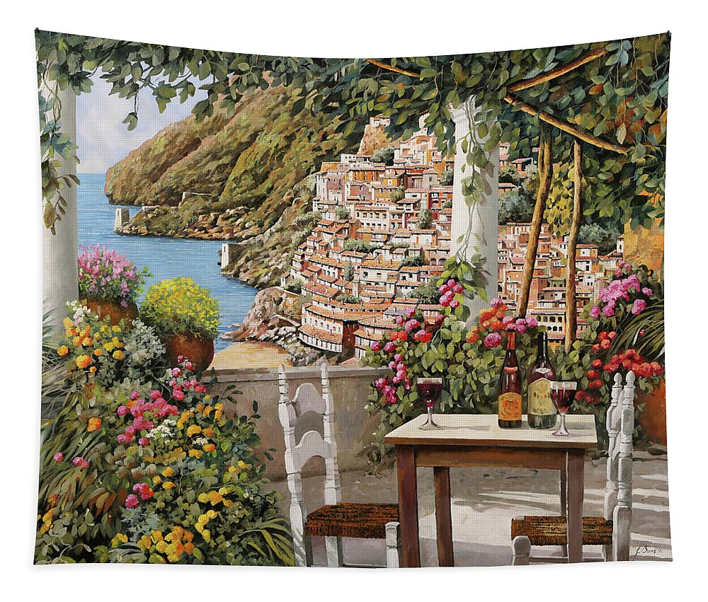 Positano Tapestry featuring the painting aperitivo sulla terrazza di Positano by Guido Borelli