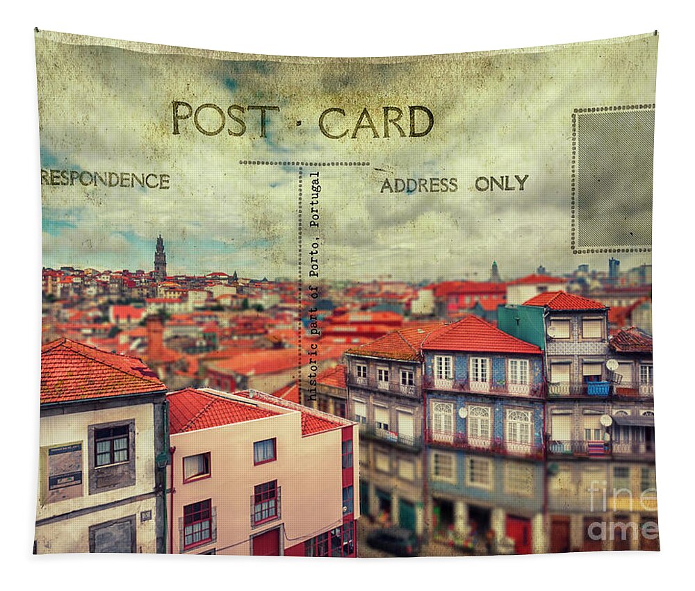Postcard Tapestry featuring the digital art postcard of Porto by Ariadna De Raadt