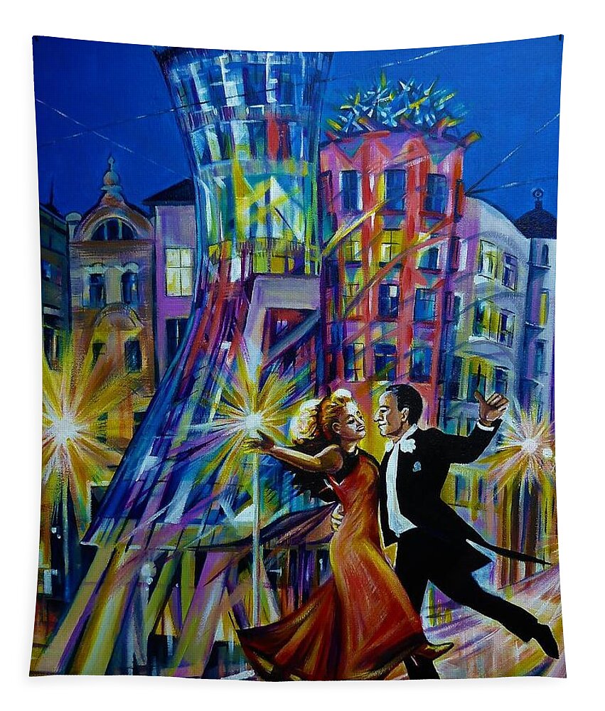 Travel Impression Tapestry featuring the painting Prague. Fred and Ginger Dancing House. by Anna Duyunova