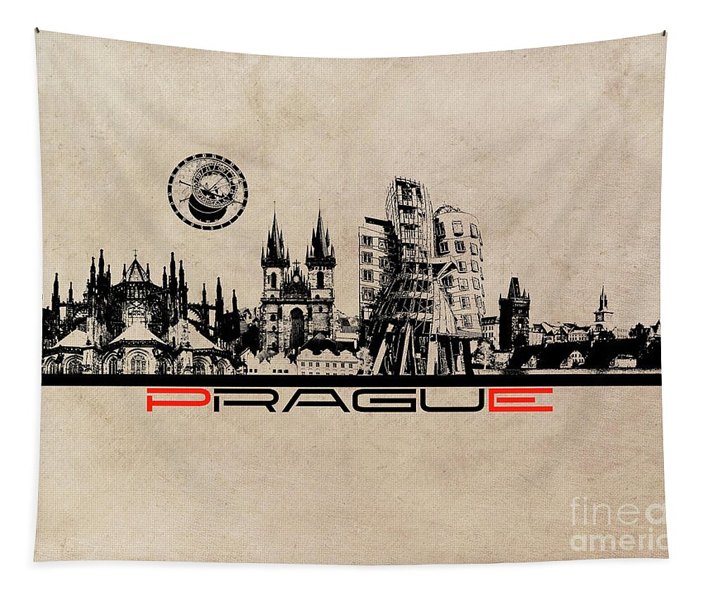 Prague Tapestry featuring the digital art Prague skyline city by Justyna Jaszke JBJart