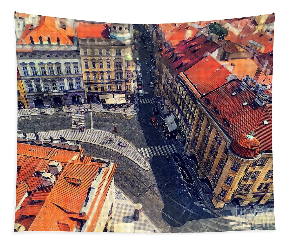 Praha Tapestry featuring the painting Prague street watercolor by Justyna Jaszke JBJart