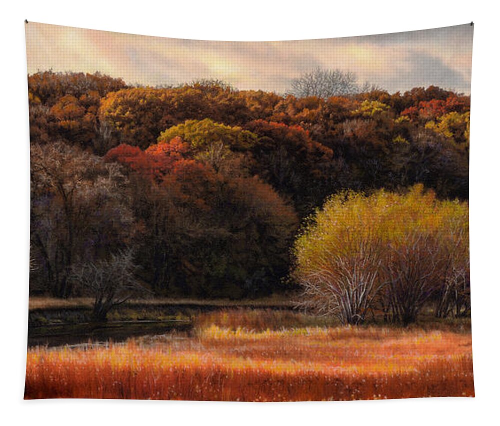 Autumn Landscape Tapestry featuring the drawing Prairie Autumn Stream by Bruce Morrison