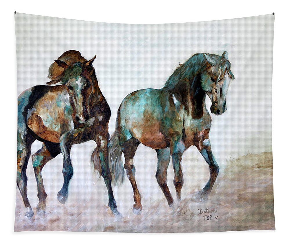 2 Horses Tapestry featuring the painting Prairie Horse Dance by Barbie Batson