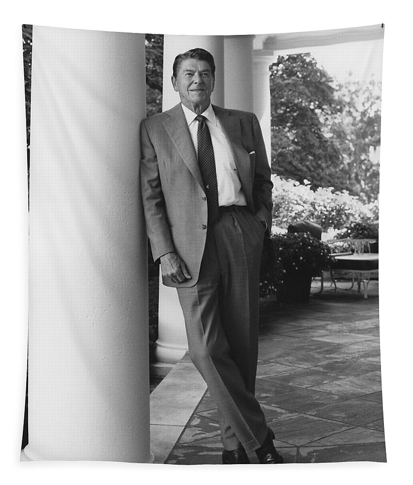 Ronald Reagan Tapestry featuring the photograph President Reagan outside the White House by War Is Hell Store