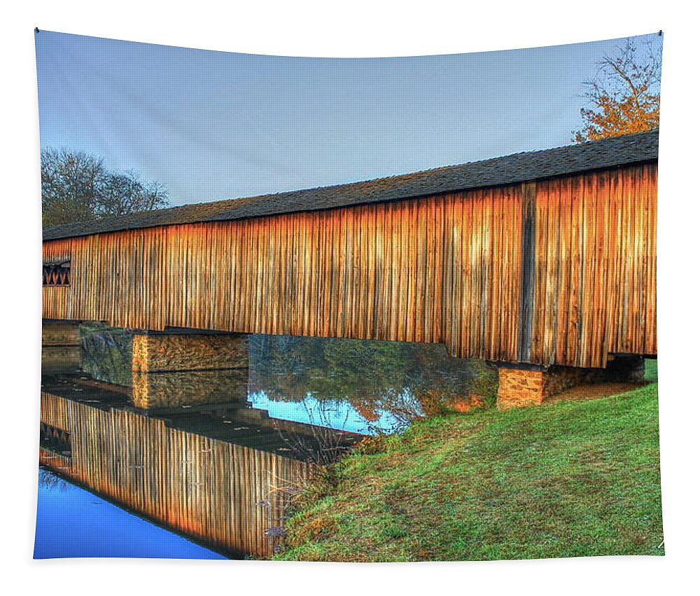 Reid Callaway Protection That Lasts 2 Tapestry featuring the photograph Protection That Works 2 Watson Mill Covered Bridge Reflections by Reid Callaway