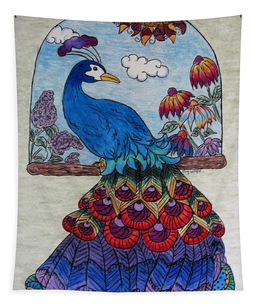 Peacocks Tapestry featuring the drawing Proud Peacock by Megan Walsh