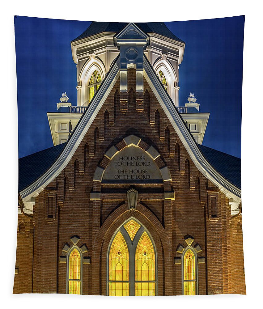 Provo Tapestry featuring the photograph Provo City Center Temple Close-up at Night - Utah by Gary Whitton