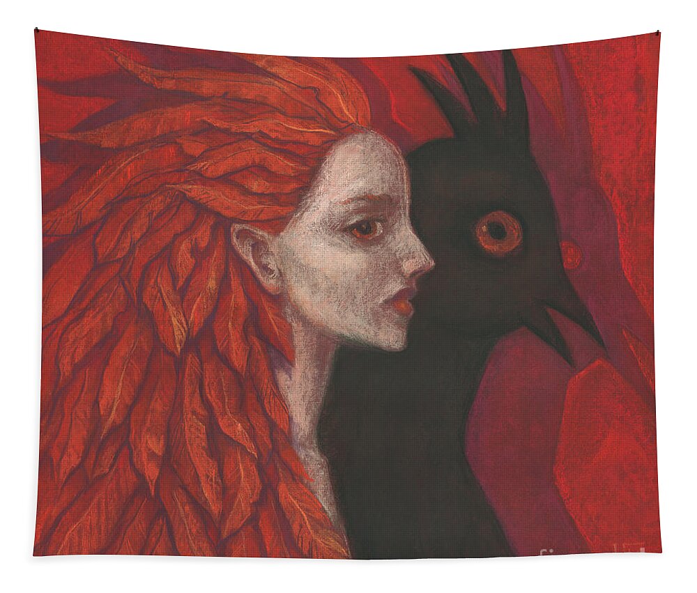 Red Scarlet Orange Tapestry featuring the pastel Psychopomp by Julia Khoroshikh