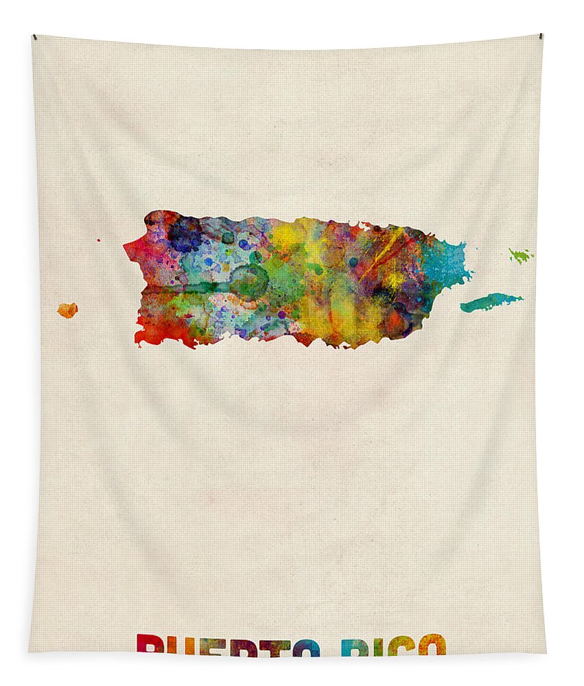 United States Map Tapestry featuring the digital art Puerto Rico Watercolor Map by Michael Tompsett