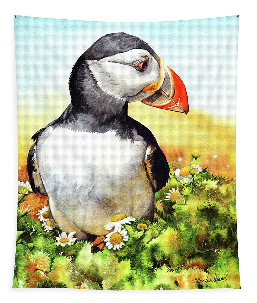 Puffin Tapestry featuring the painting Puffin by Peter Williams