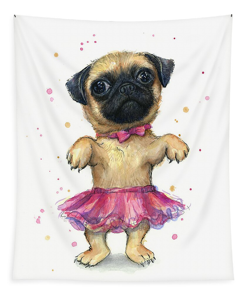 Pug Tapestry featuring the painting Pug in a Tutu by Olga Shvartsur