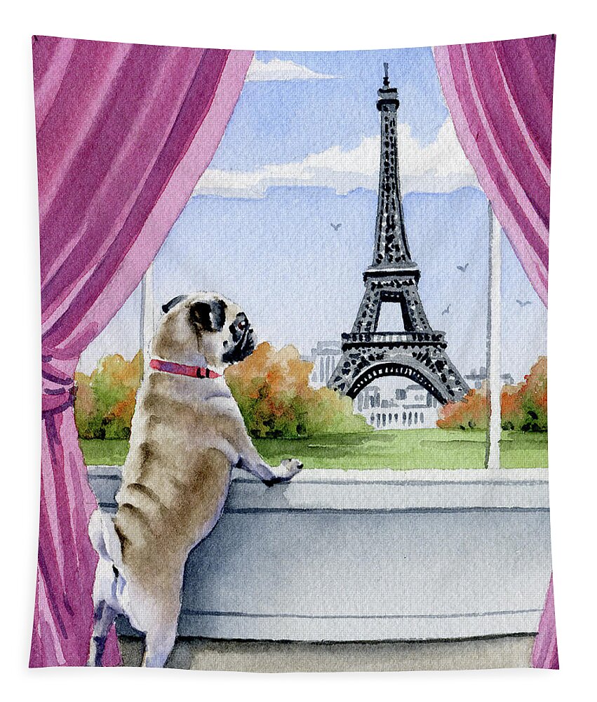 Pug Tapestry featuring the painting Pug in Paris by David Rogers