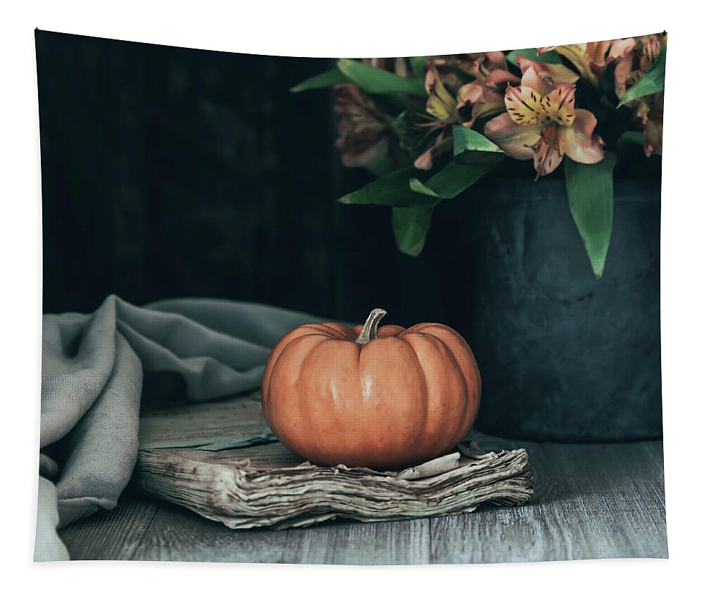 Pumpkin Tapestry featuring the photograph Pumpkin and Flowers Still Life by Kim Hojnacki