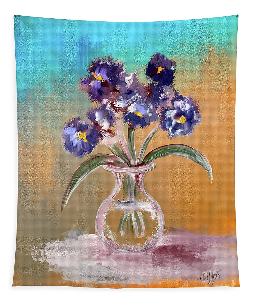 Still Life Tapestry featuring the digital art Purple and Blue Pansies In Glass Vase by Lois Bryan