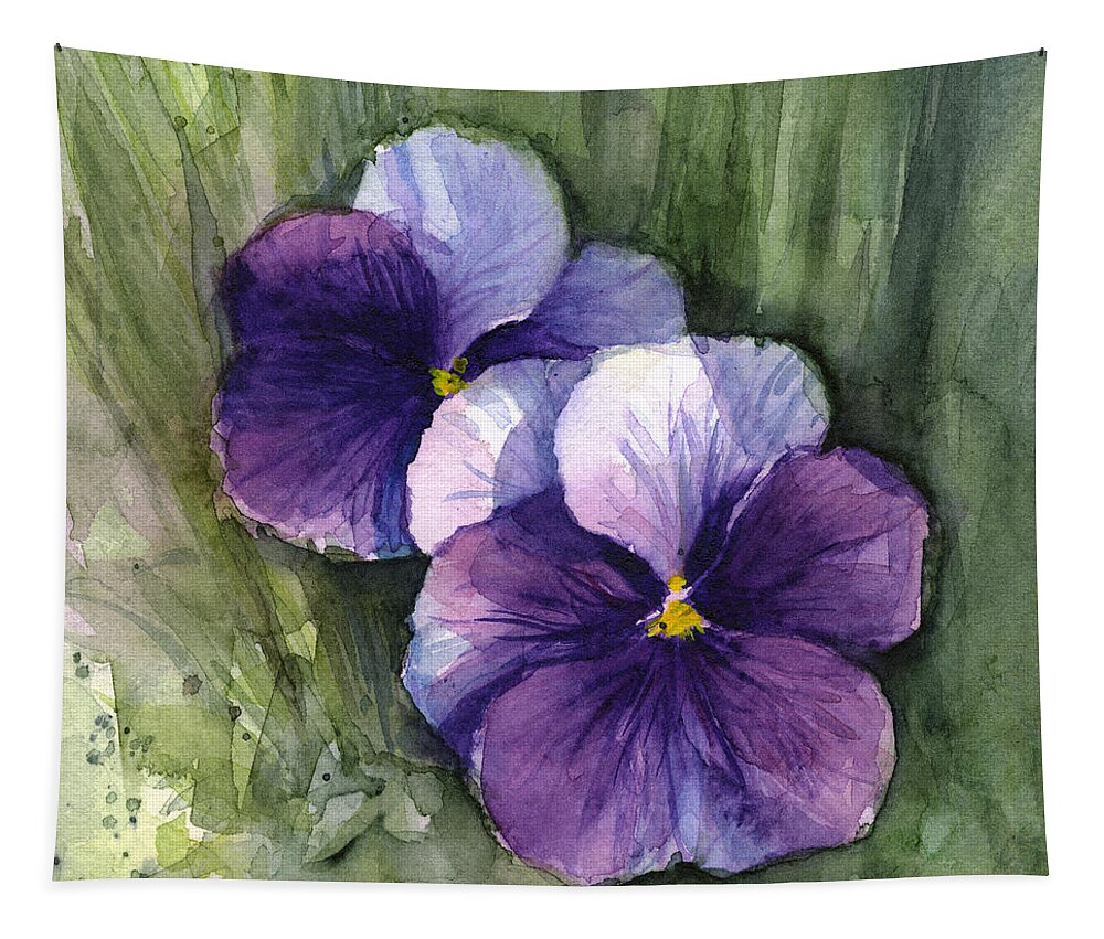 Pansy Tapestry featuring the painting Purple Pansies Watercolor by Olga Shvartsur