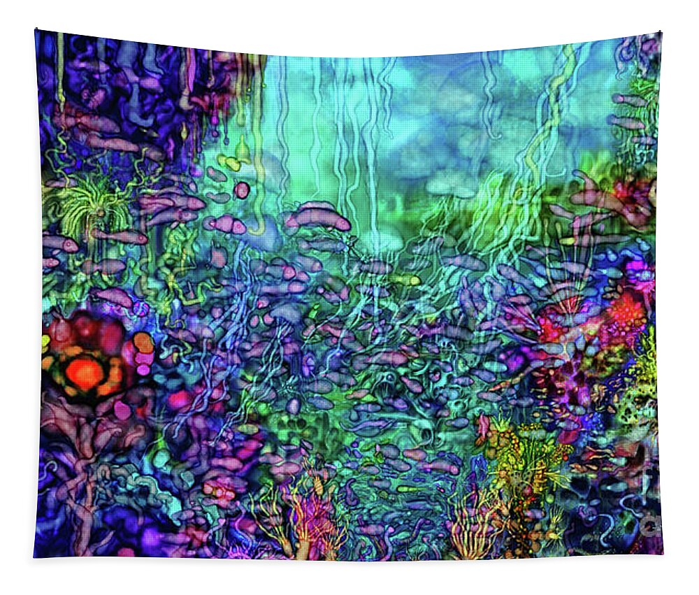 Coral Tapestry featuring the digital art Qualia's Reef Fish and Jellyfish by Russell Kightley