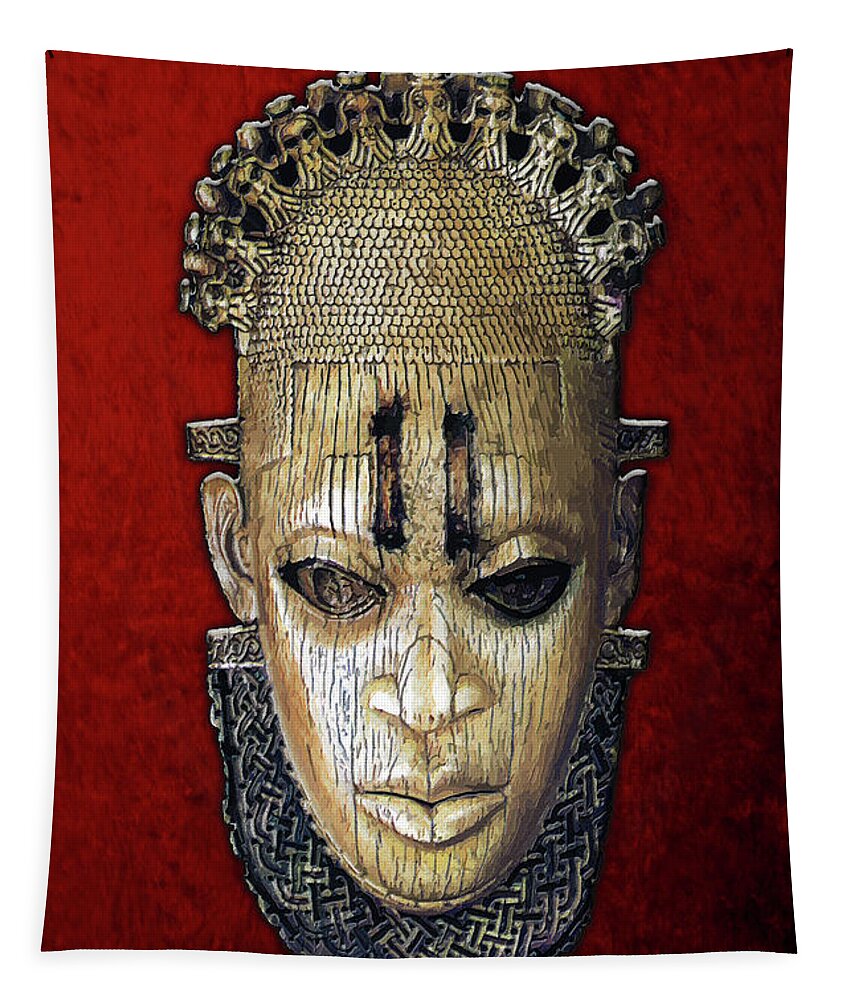 'treasures Of Africa' Collection By Serge Averbukh Tapestry featuring the digital art Queen Mother Idia - Ivory Hip Pendant Mask - Nigeria - Edo Peoples - Court of Benin on Red Velvet by Serge Averbukh