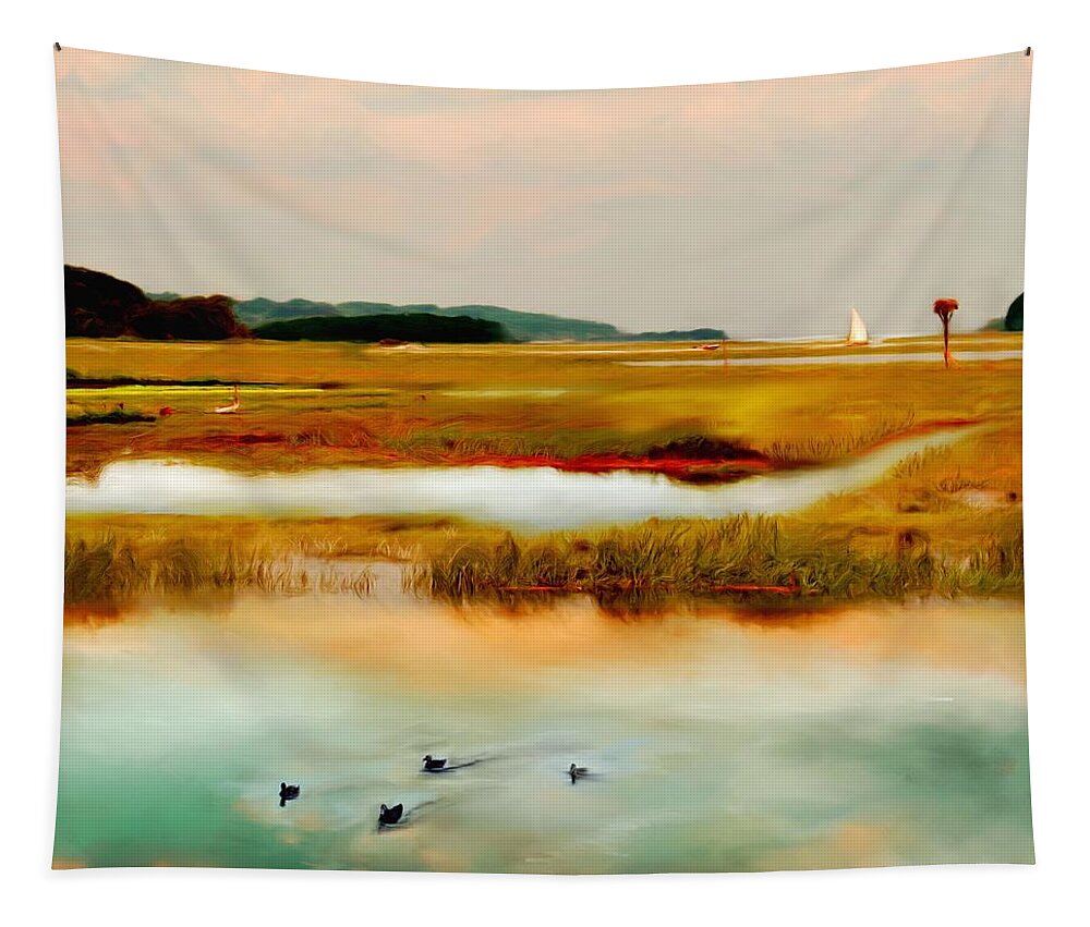 Essex River Tapestry featuring the painting Racing the Tide by Sand And Chi