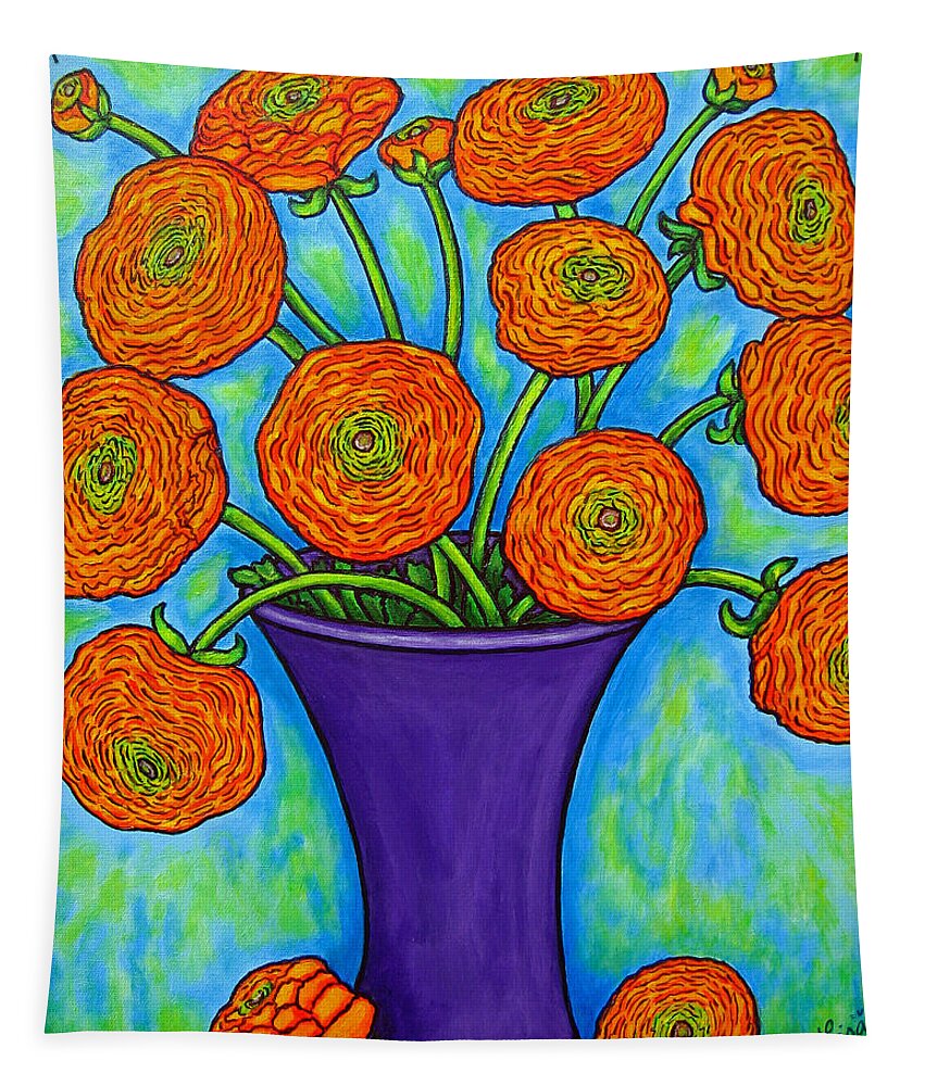 Green Tapestry featuring the painting Radiant Ranunculus by Lisa Lorenz