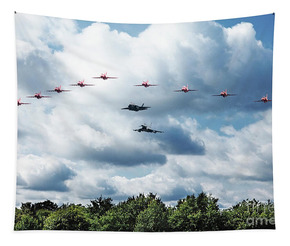 Red Arrows With F35 And Typhoons Tapestry featuring the digital art RAF Fly By by Airpower Art