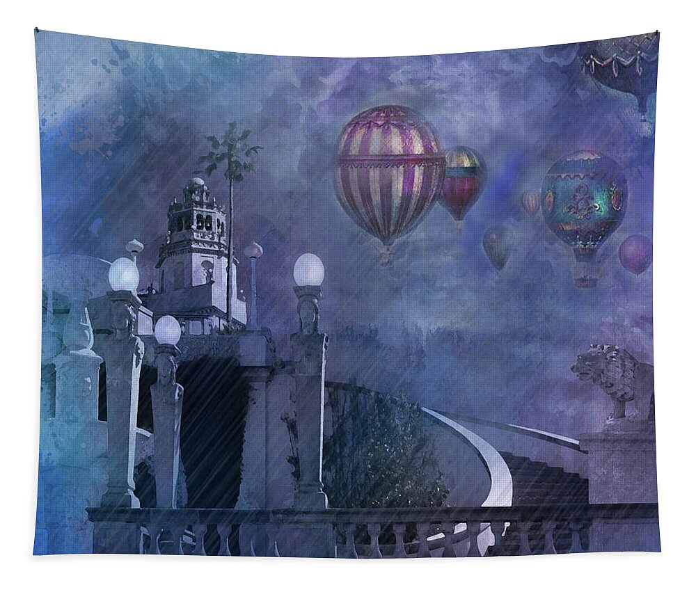 Hearst Castle Tapestry featuring the digital art Rain and balloons at Hearst Castle by Jeff Burgess