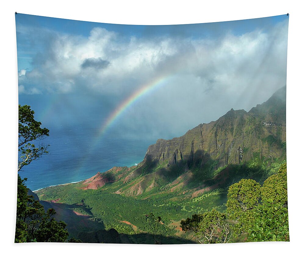 Landscape Tapestry featuring the photograph Rainbow at Kalalau Valley by James Eddy