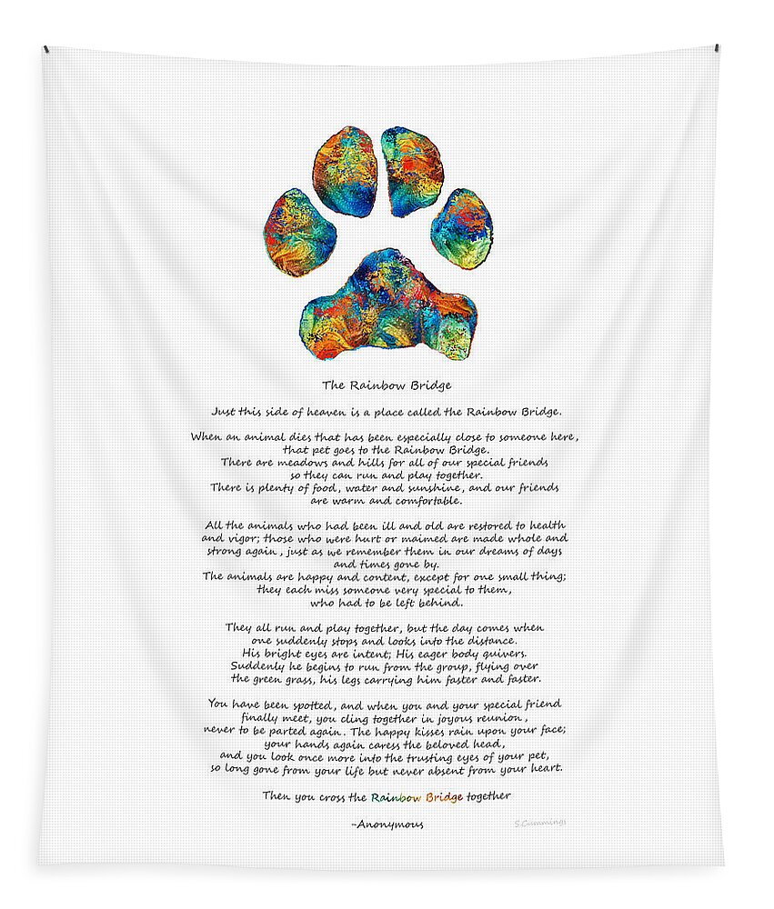 Rainbow Bridge Tapestry featuring the painting Rainbow Bridge Poem With Colorful Paw Print by Sharon Cummings by Sharon Cummings