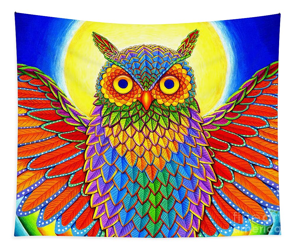 Owl Tapestry featuring the drawing Rainbow Owl by Rebecca Wang
