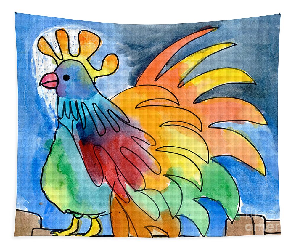 Art By Kids Tapestry featuring the painting Rainbow Rooster by Holly Cramer Age Eleven