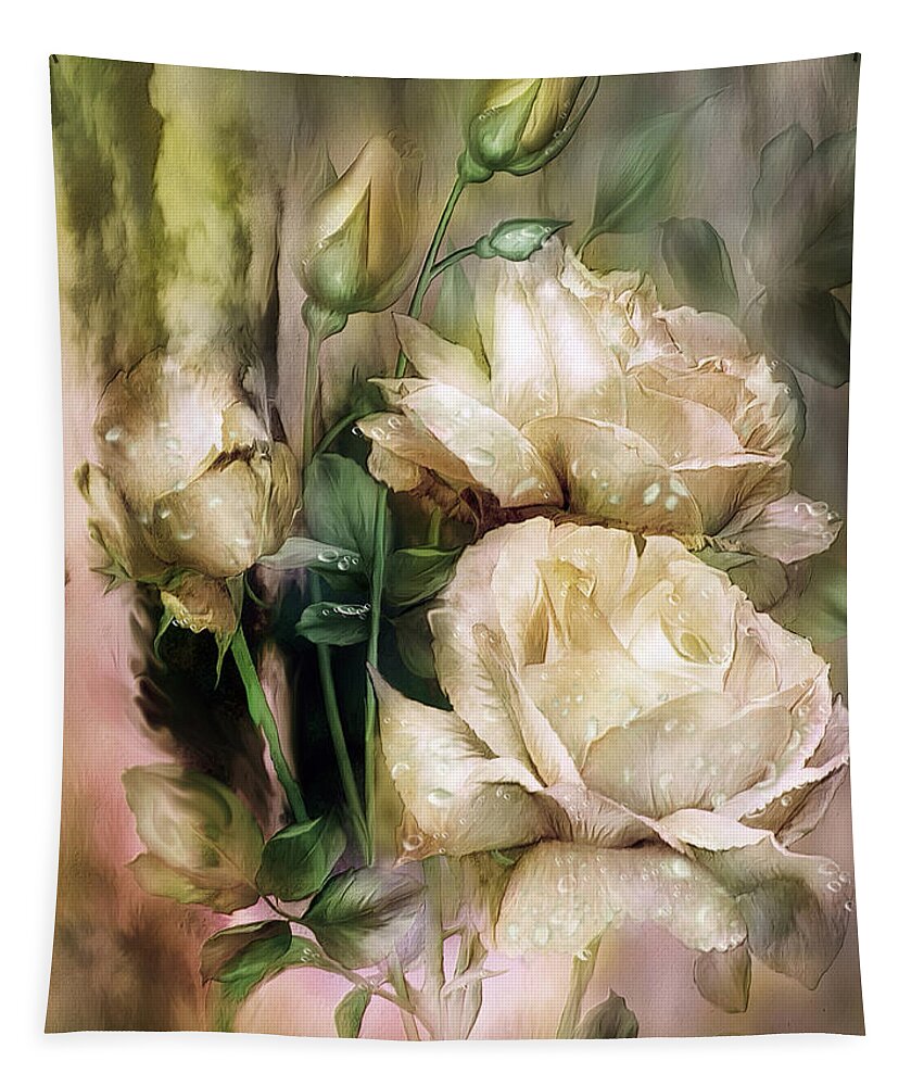 Rose Tapestry featuring the mixed media Raindrops On Antique White Roses by Carol Cavalaris