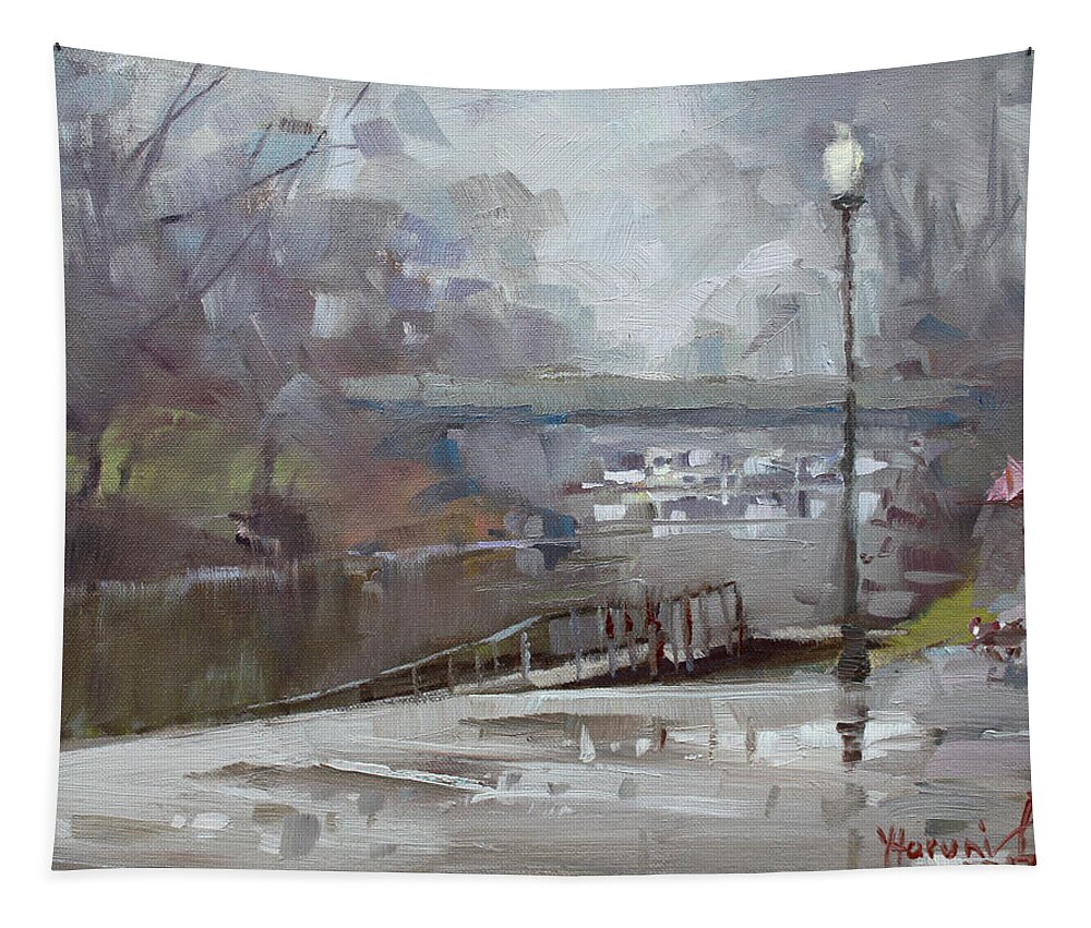 Raining Tapestry featuring the painting Raining in Tonawanda Canal by Ylli Haruni