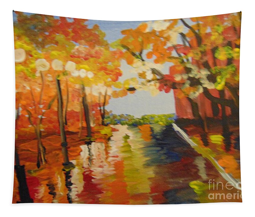 Impressionist Tapestry featuring the painting Rainy Fall Night by Saundra Johnson