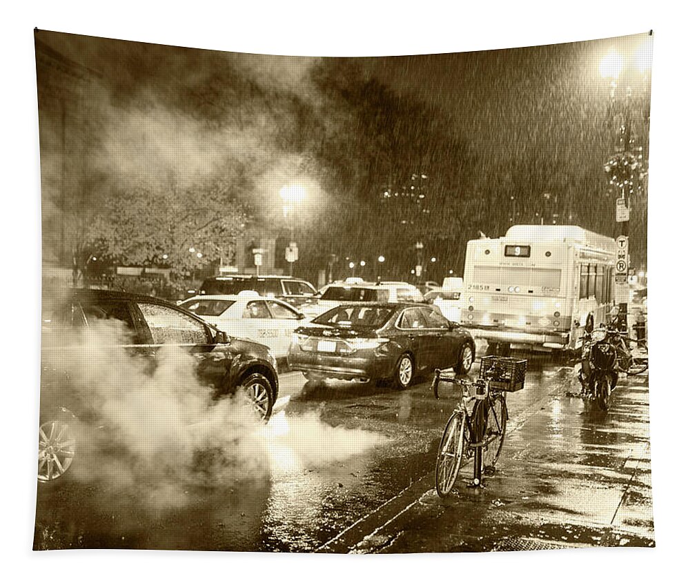 Boston Tapestry featuring the photograph Rainy Night in Boston MA Steamy Street Sepia by Toby McGuire