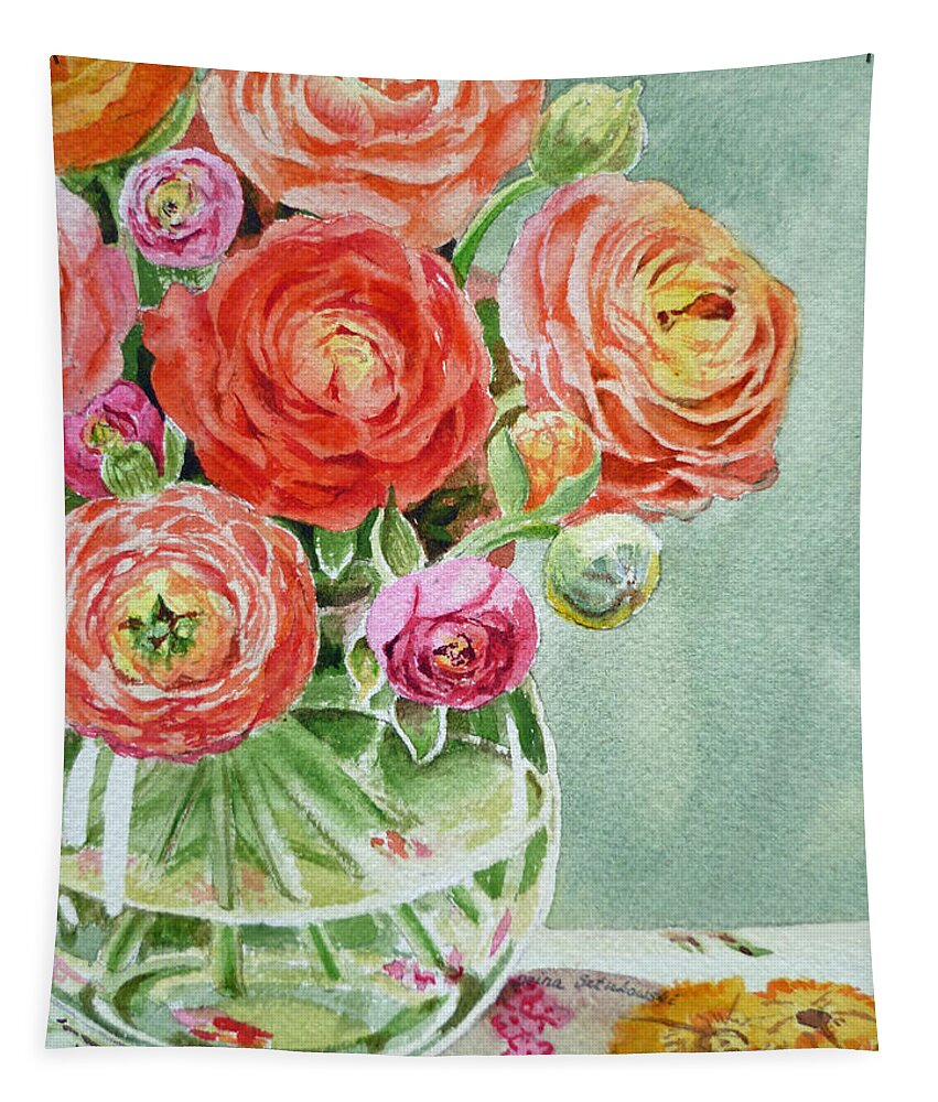 Ranunculus Tapestry featuring the painting Ranunculus in the Glass Vase by Irina Sztukowski