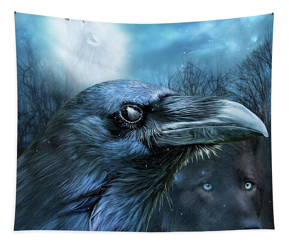 Carol Cavalaris Tapestry featuring the mixed media Raven and Wolf - In The Moonlight by Carol Cavalaris