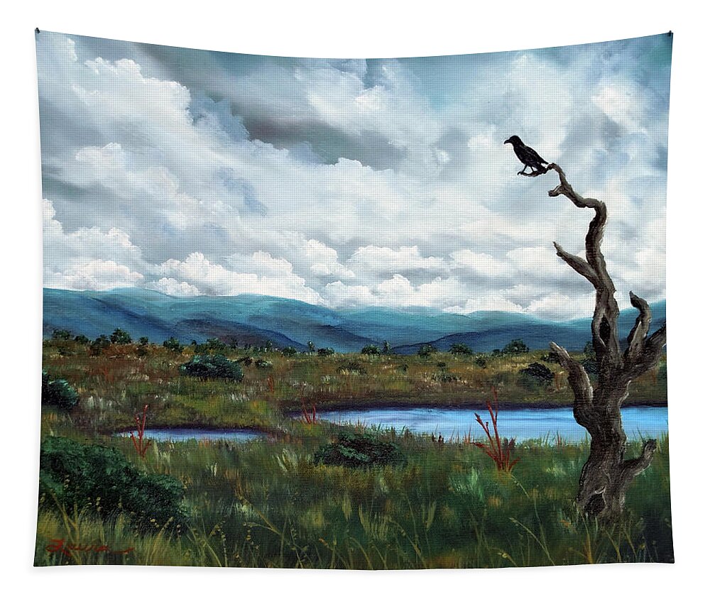 California Tapestry featuring the painting Raven in a Bleak Landscape by Laura Iverson