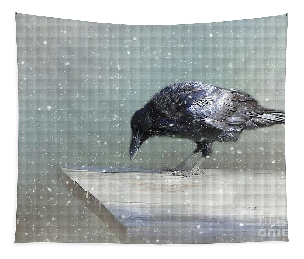 Common Raven Tapestry featuring the photograph Raven in Winter by Eva Lechner