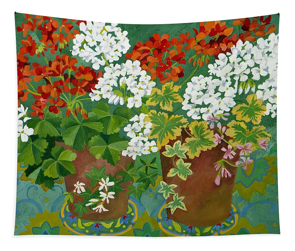 Geranium Tapestry featuring the painting Red and white geraniums in pots by Jennifer Abbot