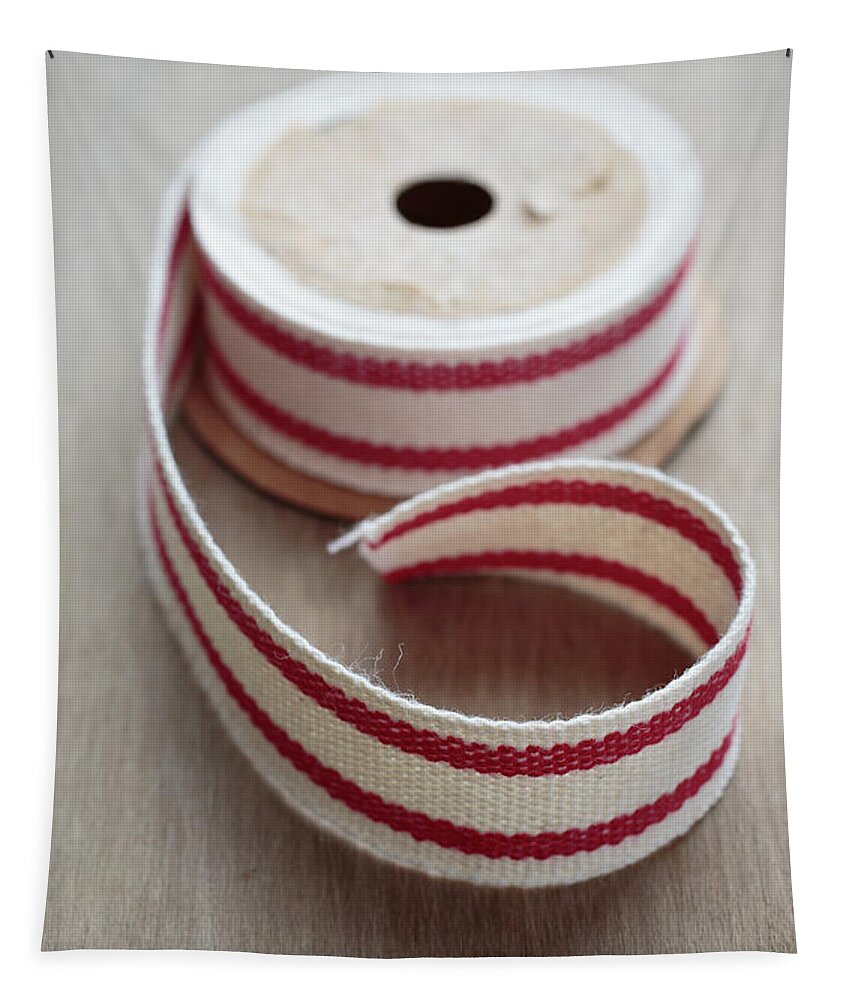 Packing Tapestry featuring the photograph Red and White Ribbon Spool by Edward Fielding