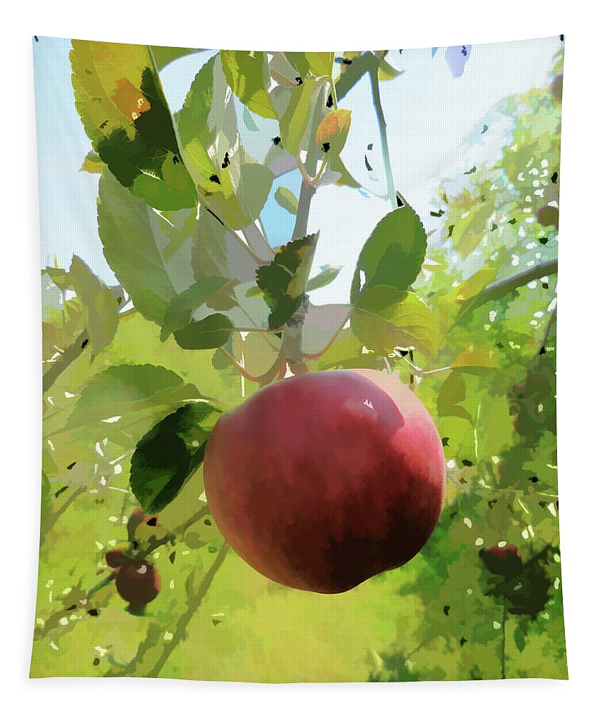 Apples Hanging From A Tree Branch Tapestry featuring the painting Red apple on tree by Jeelan Clark