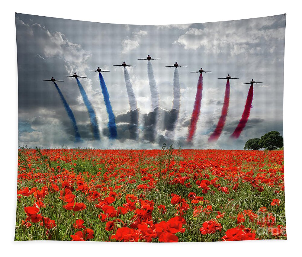 Red Arrows Tapestry featuring the digital art Red Arrows Poppy Field by Airpower Art