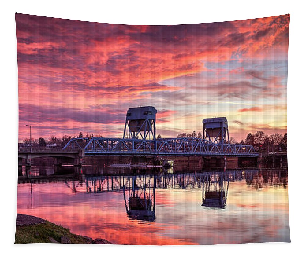 Bench Red Sunset Sky Blue Bridge Snake River Reflection Lewiston Idaho Tapestry featuring the photograph Red at Night by Brad Stinson