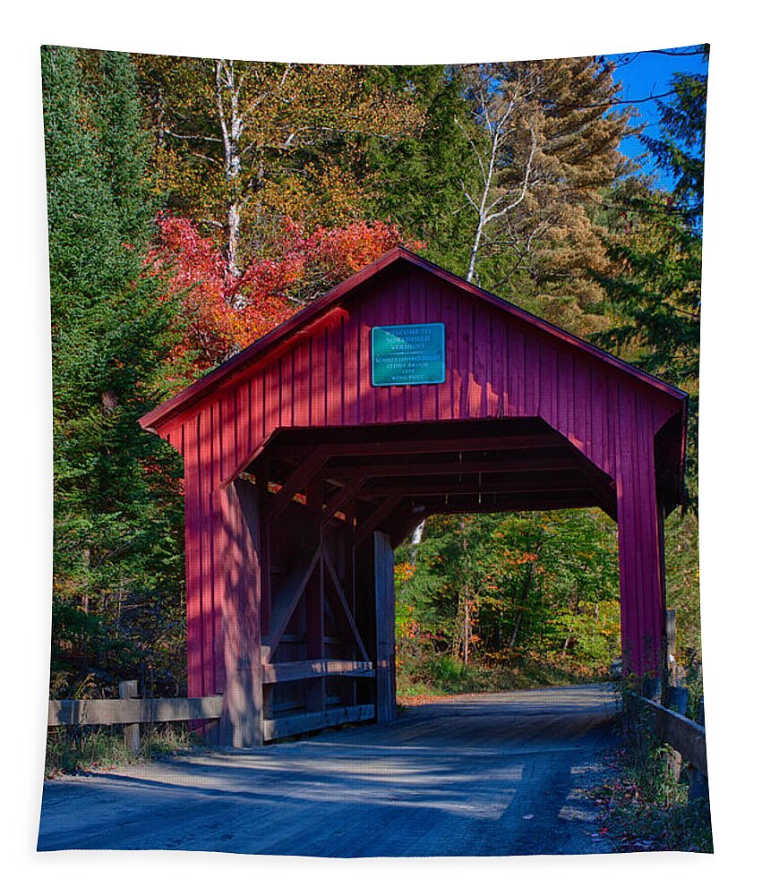 Moseley Covered Bridge Tapestry featuring the photograph Red autumn foliage over Moseley covered bridge by Jeff Folger