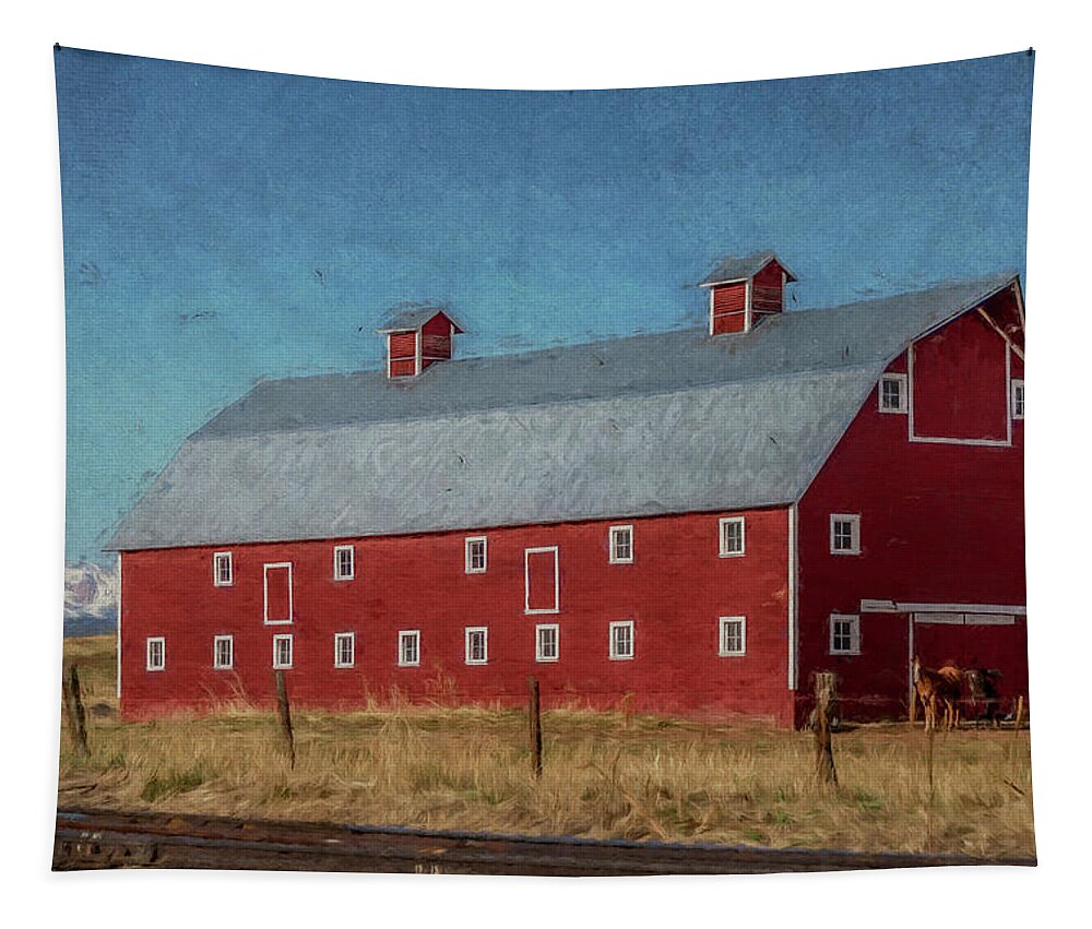 Barn Tapestry featuring the mixed media Red Barn by the Railroad Tracks by Teresa Wilson
